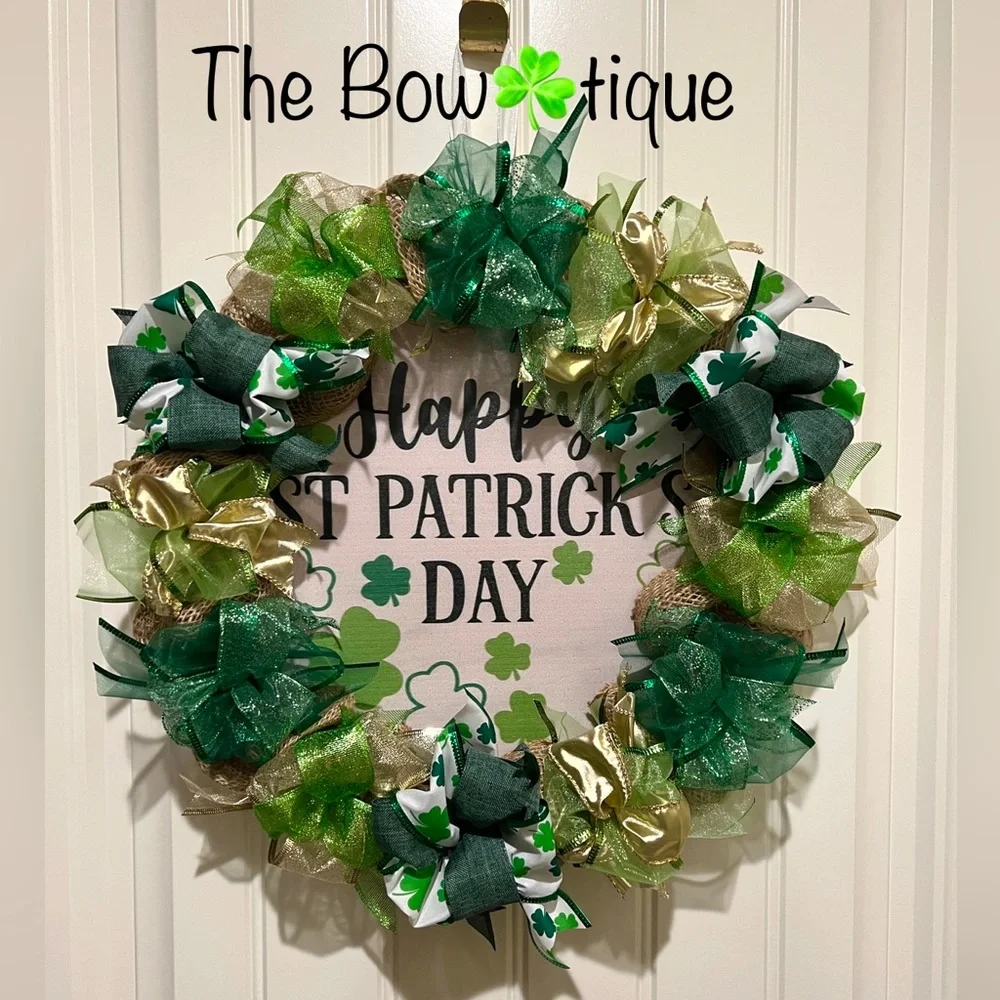 17” Happy St. Patrick’s Day Ribbon Wreath shamrocks in Green, White Handmade W4